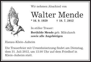 Traueranzeige von Walter Mende von OFFENBACH-POST/HANAU-POST