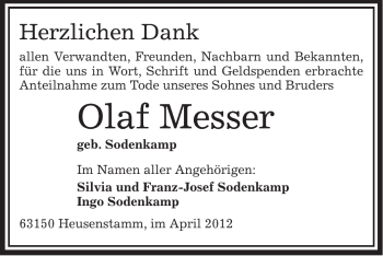 Traueranzeige von Olaf Messer von OFFENBACH-POST/HANAU-POST