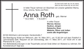 Traueranzeige von Anna Roth von OFFENBACH-POST/HANAU-POST