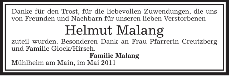  Traueranzeige für Helmut Malang vom 19.05.2011 aus OFFENBACH-POST/HANAU-POST