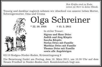 Traueranzeige von Olga Schreiner von OFFENBACH-POST/HANAU-POST