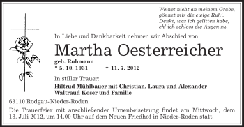 Traueranzeige von Martha Oesterreicher von OFFENBACH-POST/HANAU-POST