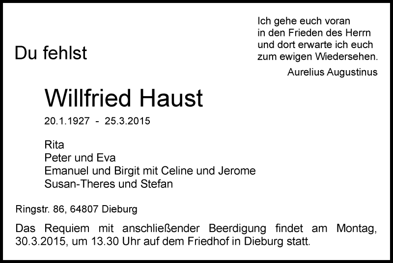 Traueranzeige für Willfried Haust vom 28.03.2015 aus Offenbach