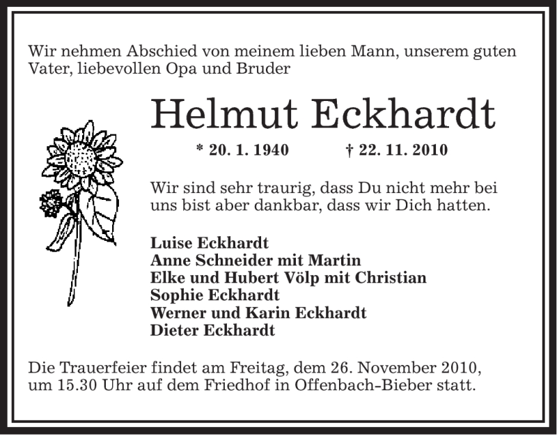  Traueranzeige für Helmut Eckhardt vom 24.11.2010 aus OFFENBACH-POST/HANAU-POST