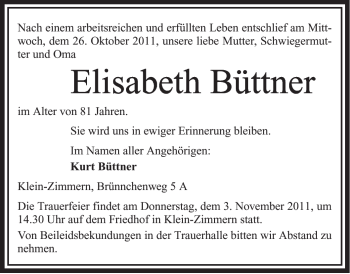 Traueranzeige von Elisabeth Büttner von OFFENBACH-POST/HANAU-POST