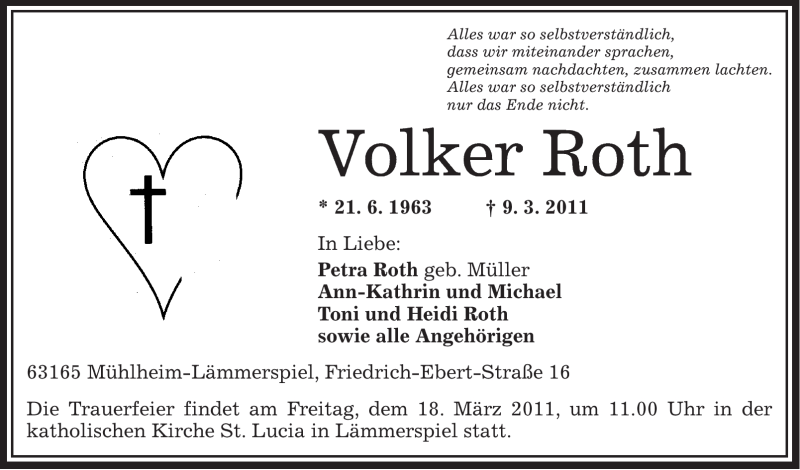  Traueranzeige für Volker Roth vom 12.03.2011 aus OFFENBACH-POST/HANAU-POST