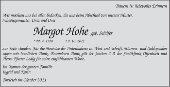 Traueranzeige von Margot Hohe von OFFENBACH-POST/HANAU-POST