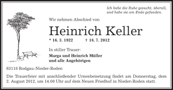 Traueranzeige von Heinrich Keller von OFFENBACH-POST/HANAU-POST