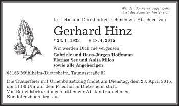 Traueranzeige von Gerhard Hinz von Offenbach