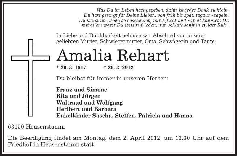  Traueranzeige für Amalia Rehart vom 31.03.2012 aus OFFENBACH-POST/HANAU-POST