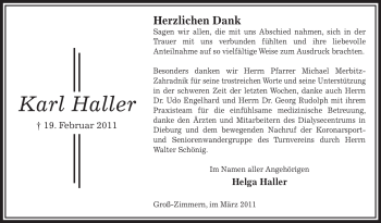 Traueranzeige von Karl Haller von OFFENBACH-POST/HANAU-POST