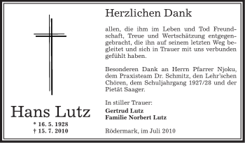 Traueranzeige von Hans Lutz von OFFENBACH-POST/HANAU-POST