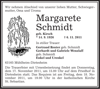 Traueranzeige von Margarete Schmidt von OFFENBACH-POST/HANAU-POST