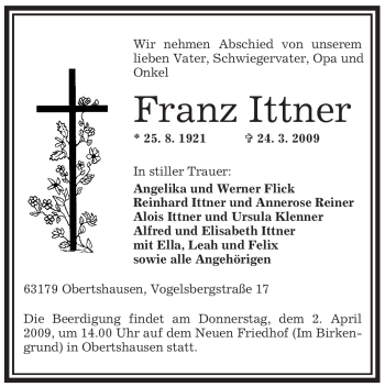 Traueranzeige von Franz Ittner von OFFENBACH-POST/HANAU-POST