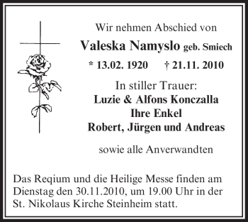 Traueranzeige von Valeska Namyslo von OFFENBACH-POST/HANAU-POST