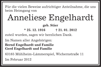 Traueranzeige von Anneliese Engelhardt von OFFENBACH-POST/HANAU-POST