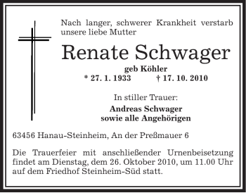 Traueranzeige von Renate Schwager von OFFENBACH-POST/HANAU-POST