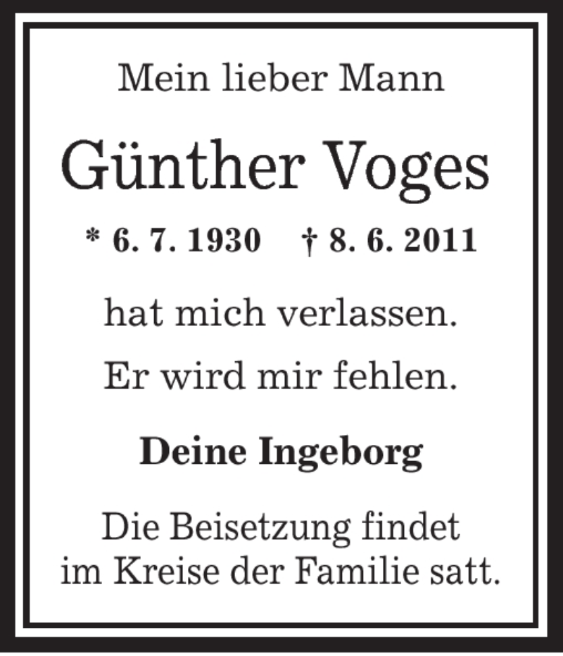  Traueranzeige für Günther Voges vom 11.06.2011 aus OFFENBACH-POST/HANAU-POST