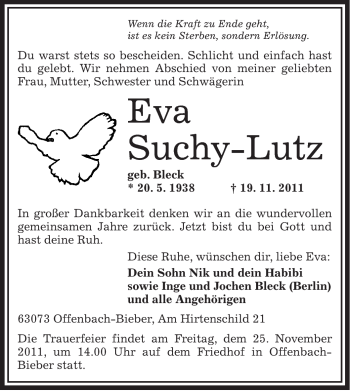 Traueranzeige von Eva Suchy-Lutz von OFFENBACH-POST/HANAU-POST