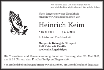 Traueranzeige von Heinrich Keim von Offenbach