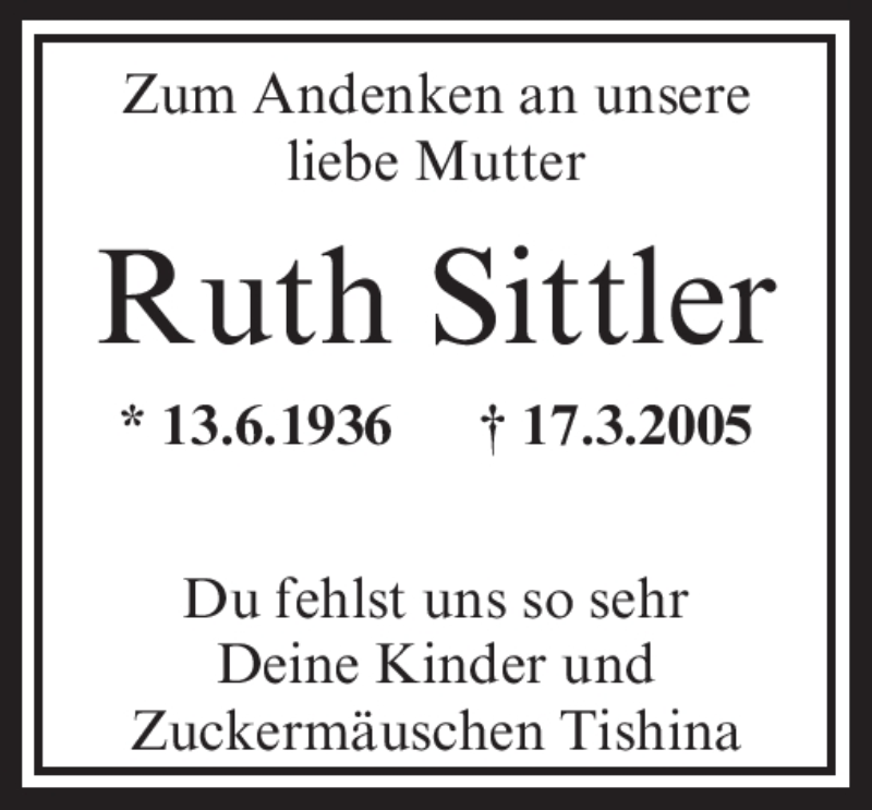  Traueranzeige für Ruth Sittler vom 16.03.2011 aus OFFENBACH-POST/HANAU-POST