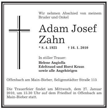 Traueranzeige von Adam Josef Zahn von OFFENBACH-POST/HANAU-POST