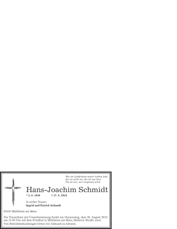 Traueranzeige von Hans-Joachim Schmidt von OFFENBACH-POST/HANAU-POST