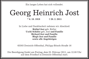 Traueranzeige von Georg Heinrich Jost von OFFENBACH-POST/HANAU-POST