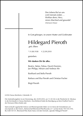 Traueranzeige von Hildegard Pieroth von OFFENBACH-POST/HANAU-POST