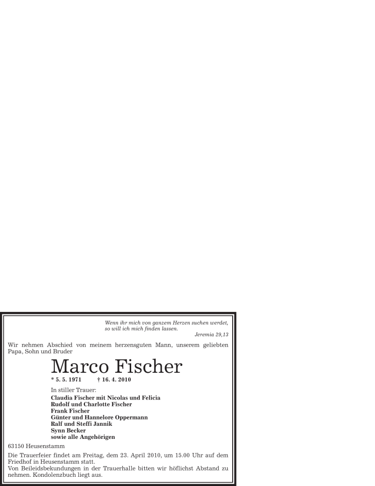  Traueranzeige für Marco Fischer vom 21.04.2010 aus OFFENBACH-POST/HANAU-POST