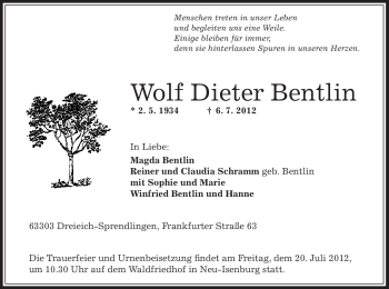 Traueranzeige von Wolf Dieter Bentlin von OFFENBACH-POST/HANAU-POST