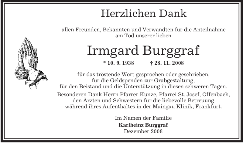  Traueranzeige für Irmgard Burggraf vom 24.12.2008 aus OFFENBACH-POST/HANAU-POST