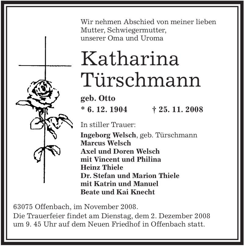  Traueranzeige für Katharina Türschmann vom 29.11.2008 aus OFFENBACH-POST/HANAU-POST