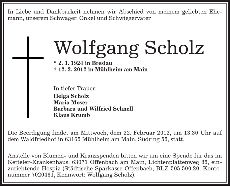  Traueranzeige für Wolfgang Scholz vom 16.02.2012 aus OFFENBACH-POST/HANAU-POST