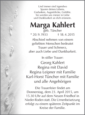 Traueranzeige von Marga Kahlert von Offenbach