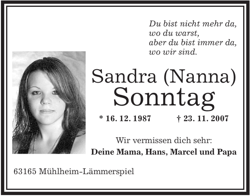  Traueranzeige für Sandra Sonntag vom 22.11.2008 aus OFFENBACH-POST/HANAU-POST