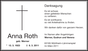 Traueranzeige von Anna Roth von OFFENBACH-POST/HANAU-POST