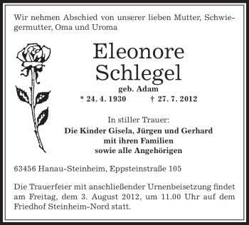 Traueranzeige von Eleonore Schlegel von OFFENBACH-POST/HANAU-POST