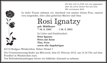 Traueranzeige von Rosi Ignatzy von Offenbach