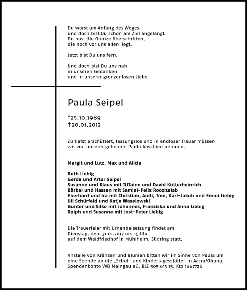  Traueranzeige für Paula Seipel vom 28.01.2012 aus OFFENBACH-POST/HANAU-POST