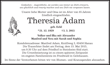 Traueranzeige von Theresia Adam von Offenbach