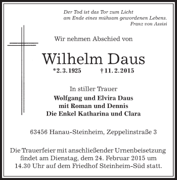 Traueranzeige von Wilhelm Daus von Offenbach