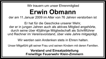 Traueranzeige von Erwin Obmann von OFFENBACH-POST/HANAU-POST