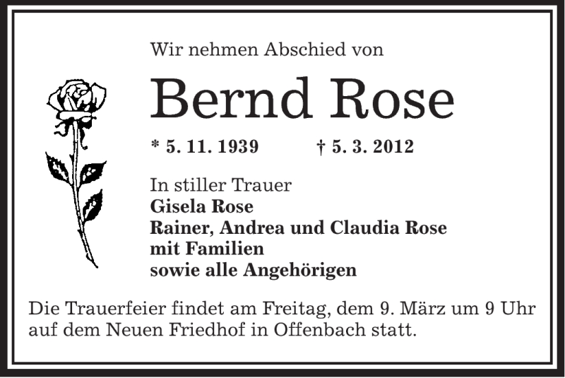  Traueranzeige für Bernd Rose vom 07.03.2012 aus OFFENBACH-POST/HANAU-POST