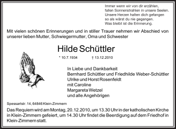 Traueranzeige von Hilde Schüttler von OFFENBACH-POST/HANAU-POST