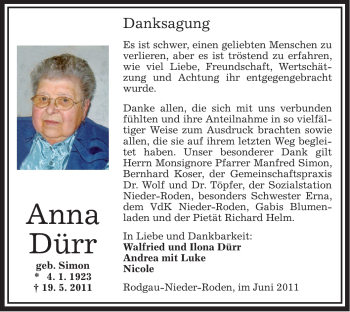 Traueranzeige von Anna Dürr von OFFENBACH-POST/HANAU-POST