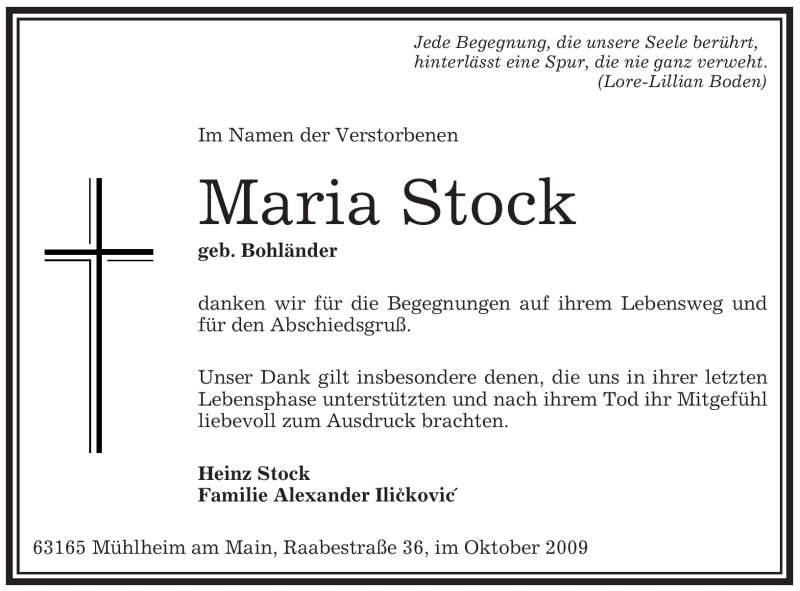  Traueranzeige für Maria Stock vom 03.10.2009 aus OFFENBACH-POST/HANAU-POST