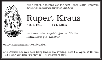 Traueranzeige von Rupert Kraus von OFFENBACH-POST/HANAU-POST