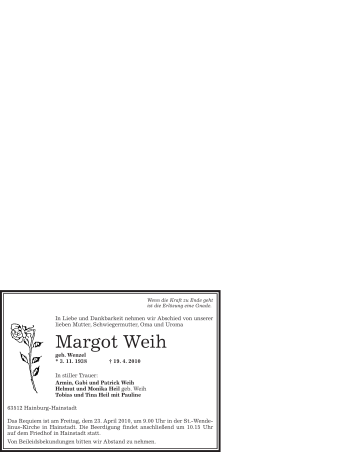 Traueranzeige von Margot Weih von OFFENBACH-POST/HANAU-POST