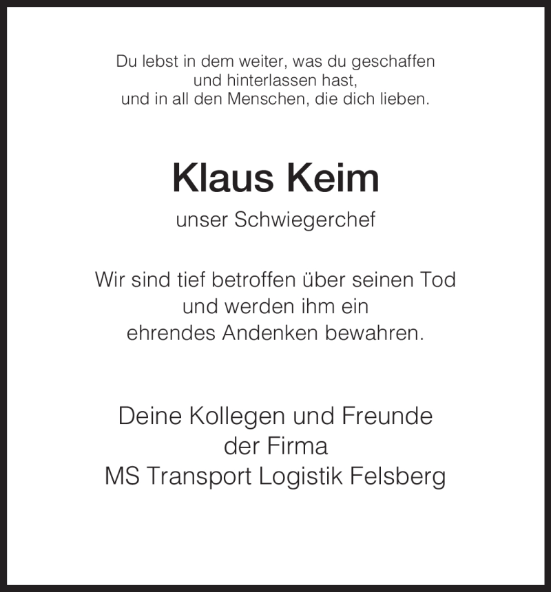  Traueranzeige für Klaus Keim vom 09.10.2009 aus OFFENBACH-POST/HANAU-POST